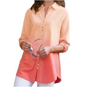 Soft Surroundings 100% Linen Ombre Tunic Top Sz Large Orange Shirt Dress Button